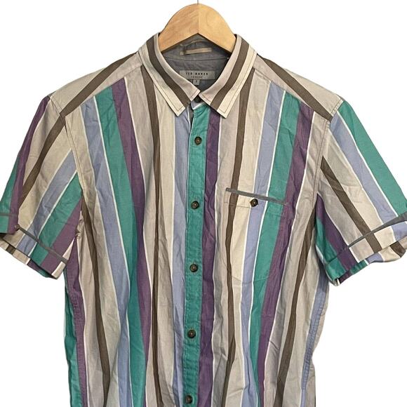 Ted Baker Shirt Colorblock Stripe Button Up Short Sleeve Men’s Sz 3 EUC - Picture 2 of 10